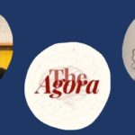 On a U of T blue background, three circles with head shots of Alexandra Gustafson (l), a white woman with long blonde hair, Samuella Ojo (r), a black woman with braids, and the pale pink and burgundy logo of the podcast called The Agora (c).